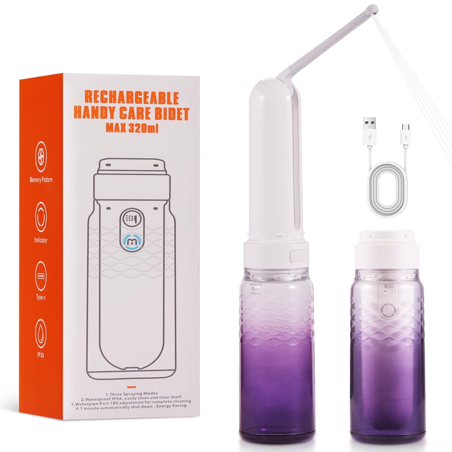 COKWEL Portable Bidet, Travel Rechargeable Mini Handheld Electric Bidet Sprayer, 3 Spraying Modes Toilet Travel Bidet for Personal Hygiene, Baby Wash, Postpartum Care, Hemorrhoid Treatment (320ml)