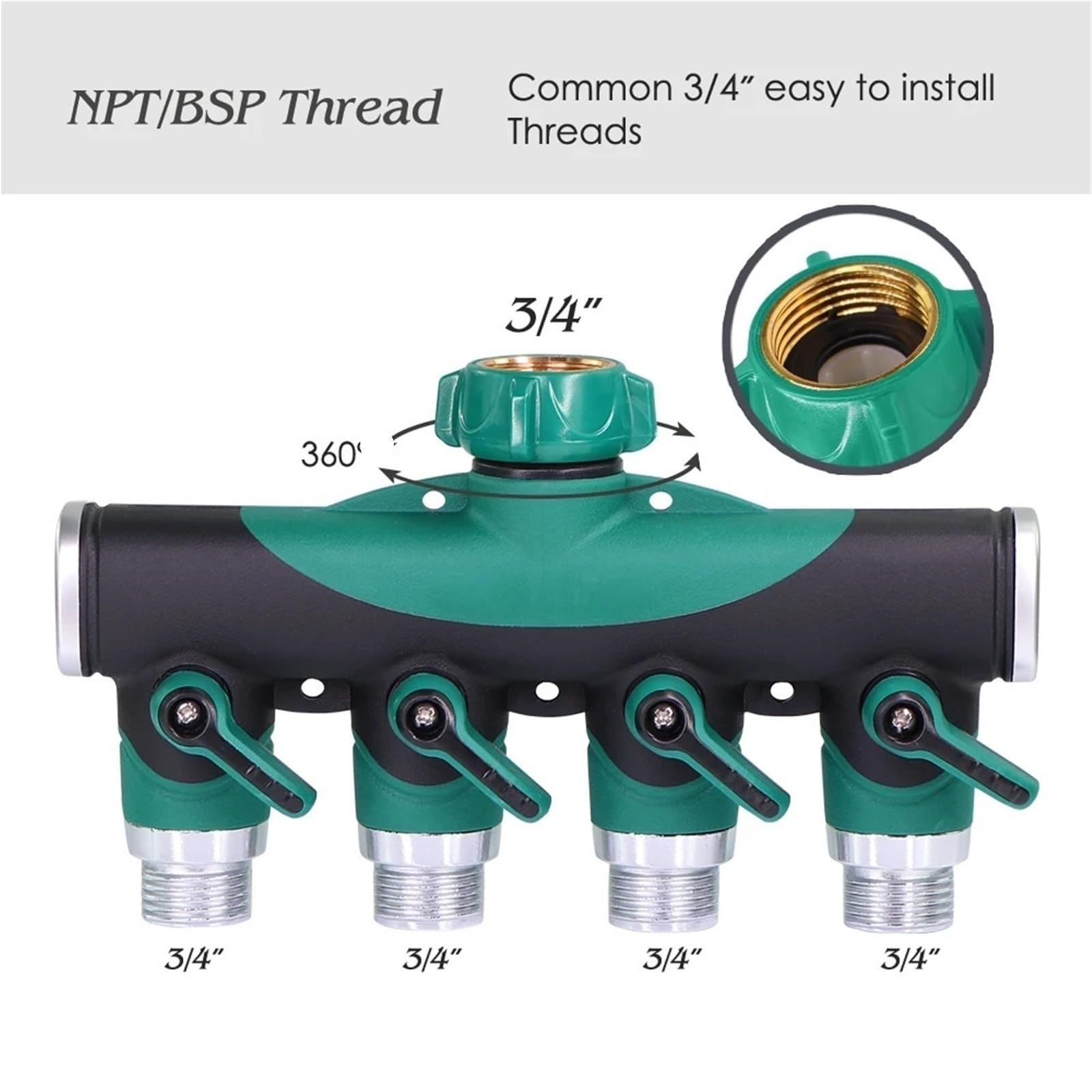 Divisores de Grifo Rosca 4 vías y 3/4 Pulgadas Metal Resistente con válvulas Cierre for Adaptador Manguera jardín Conectores Agua para JardíN(Green-BSP)