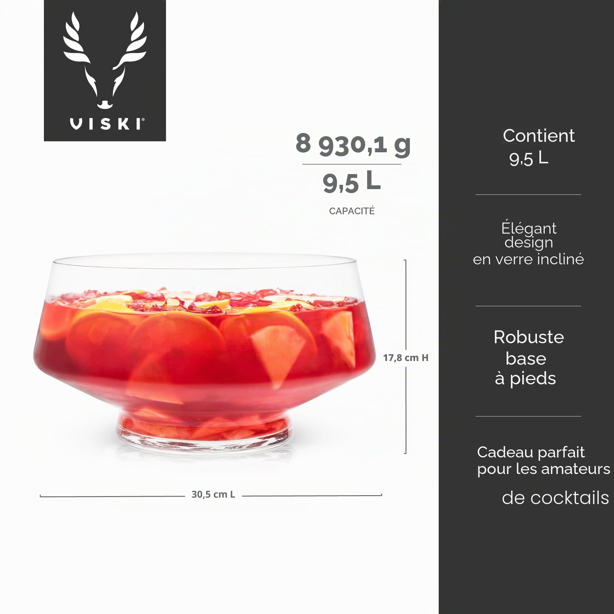 Viski Bol à punch en verre sur pied, bol à base lourde avec design incliné, service de fête pour cocktails, centre de table fonctionnel, lot de 1, transparent