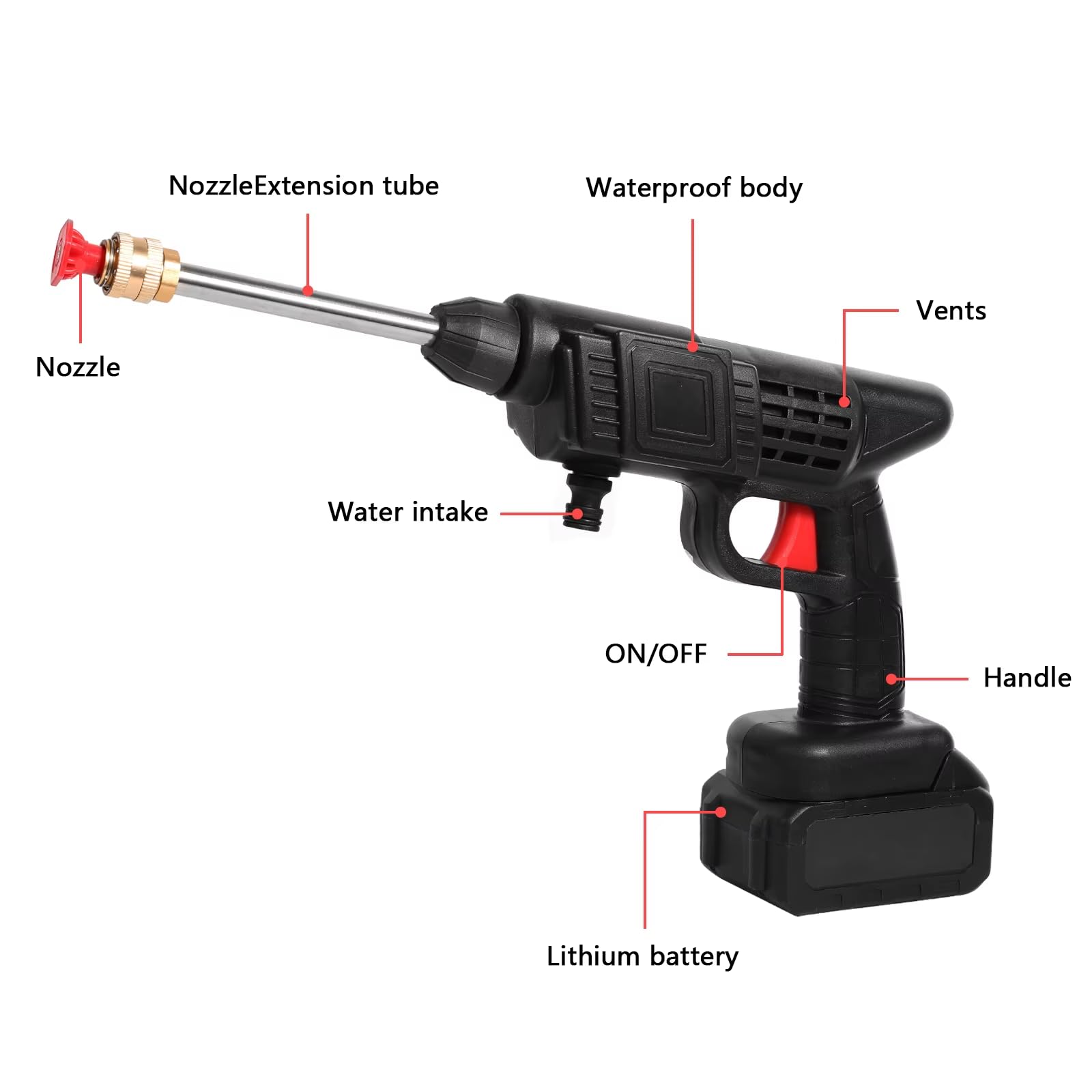 Nettoyeur Haute Pression sans Fil 80 Bar - 2 Batteries Incluses, Buse 6 en 1 Réglable et Tuyau 5m - pour Voiture, Jardin, Terrasse, Fenêtres (Noir- Comprend 2 Batterie)
