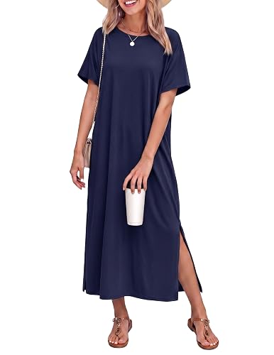 Ekouaer Long Nightgown for Women Short Sleeve Sleepwear Cotton Night Shirt Nightgowns Dress Navy Blue