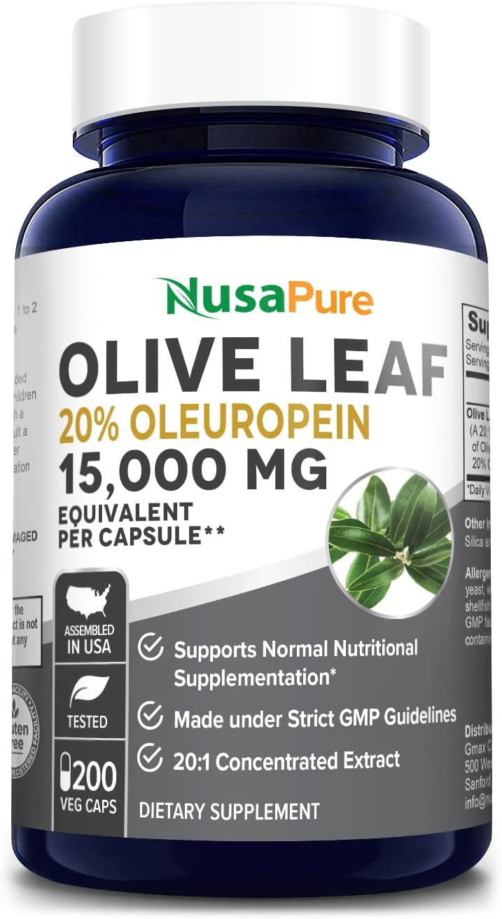NusaPure Olive Leaf Extract (Non-GMO) 15000 mg - 20% Oleuropein - Vegetarian - Super Strength - No Oil