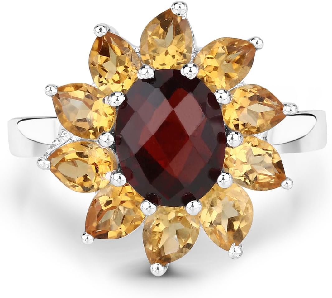 Genuine Garnet and Citrine Floral Ring in .925 Sterling Silver Sunflower Ring Oval Shaped Garnets and Pear Shaped Citrine 5.50 Carat January and November Birthstone Jewelry Presents For Women