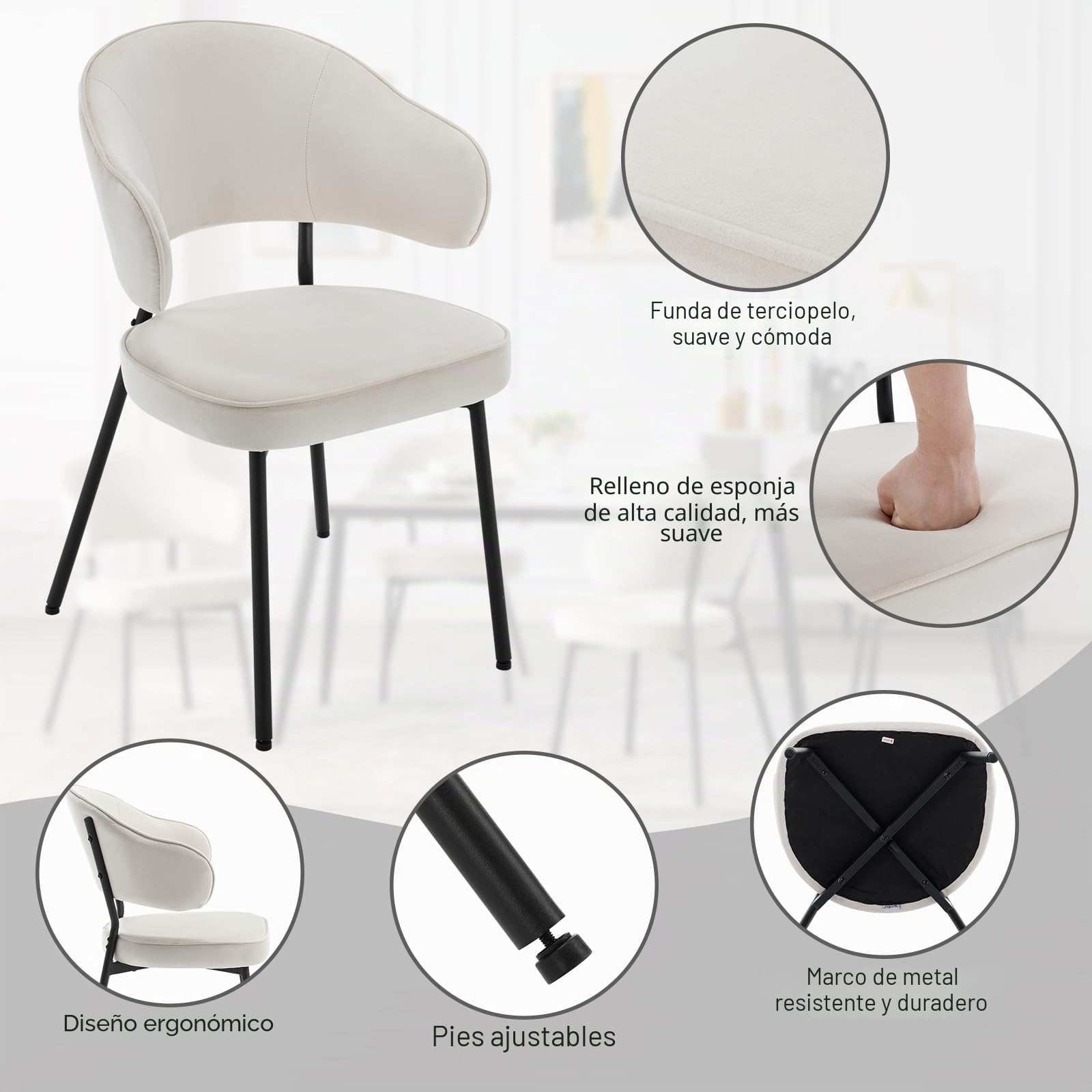 WOLTU Silla de Comedor,Terciopelo, Blanco | Ergonomica con Respaldo y Brazos para Salón y Dormitorio,Patas de Metal