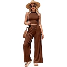 Ribbed 2 Piece Outfits for Women Sleeveless Crop Top and Wide Leg Pants Sets Loungewear Tracksuit for Casual Vacation