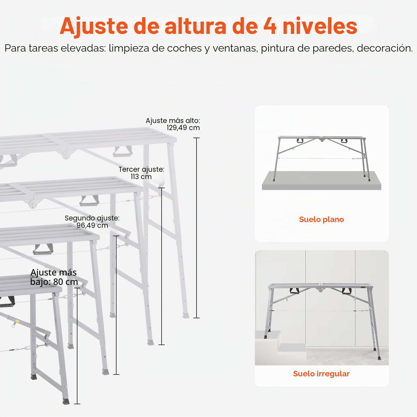 VEVOR Plataforma de Trabajo, Altura Ajustable de 4 Velocidades 80-130 cm, Escalera de Acero de Aleación Plegable, Carga de 400 kg, Pies de Goma Antideslizantes, para Pintar Paneles de Yeso, Limpieza
