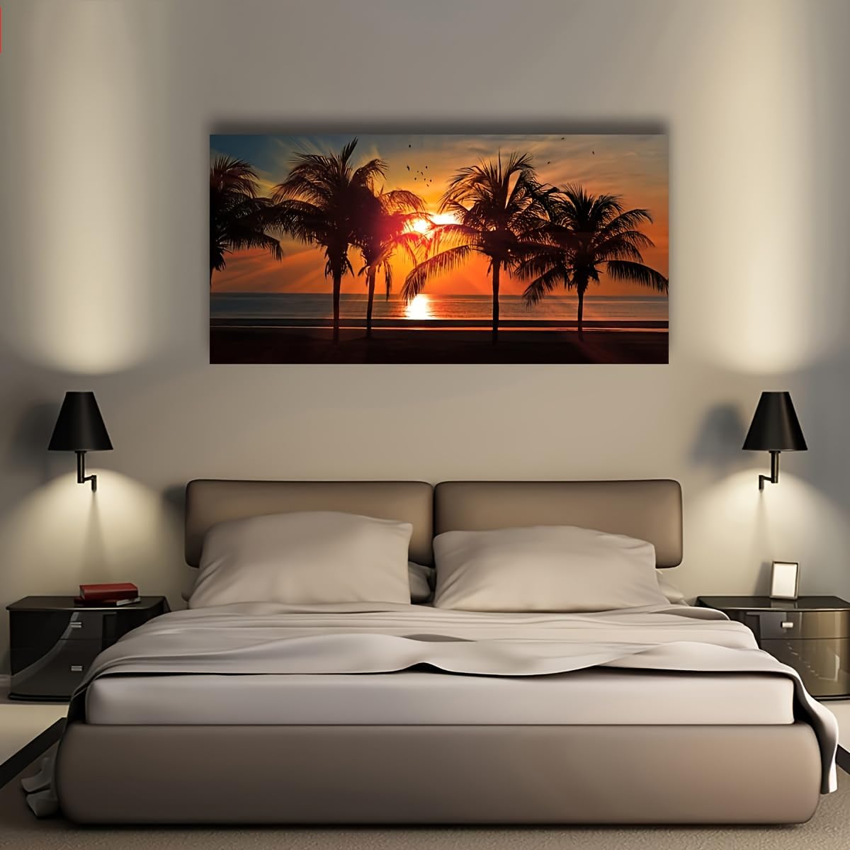 Uudezo With Frame Framed, Scenic Seaside Sunset Coconut Tree Canvas Printed Wall Painting Poster, Living Room Decoration(20X40cm(8X16in)