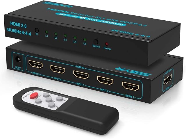 HDMI 2.0 Switch SGEYR HDMI Switch 4K 60Hz 5 In 1 Out HDMI Selector Switcher with IR Remote Support HDCP2.2 HDR UHD 3D 1080P for Xbox Nintendo PS3/4/4 Pro HDTV Fire Stick