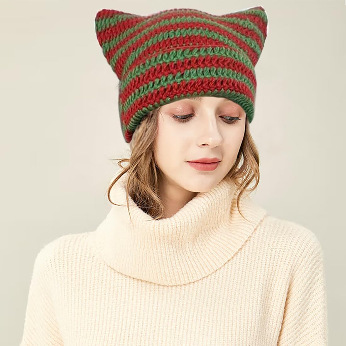 XYIYI Crochet Hats for Women Cat Ear Knit Hat Vintage Beanie Grunge Accessories Slouchy Beanies for Womens