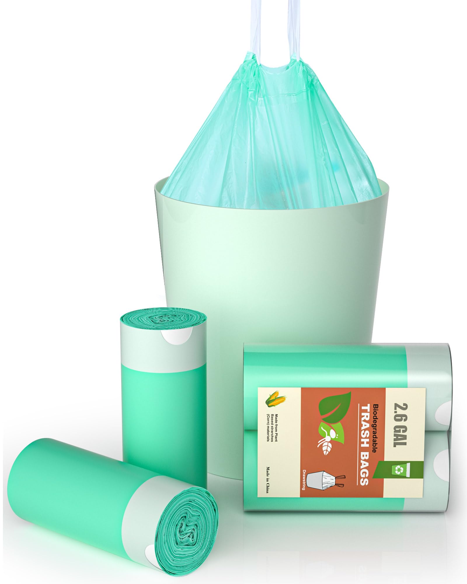 Bolsas de basura AYOTEE de 2,6 galones, bolsas de basura con cordón, 50 unidades, bolsas de basura ultra fuertes para baño, oficina, mascotas, coche (verde)