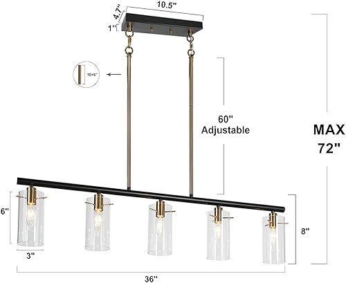 Miniatura 5 de ZEVNI Iluminación de isla de cocina de 5 luces iluminación colgante lineal de oro negro candelabro moderno para comedor con pantallas cilíndricas de