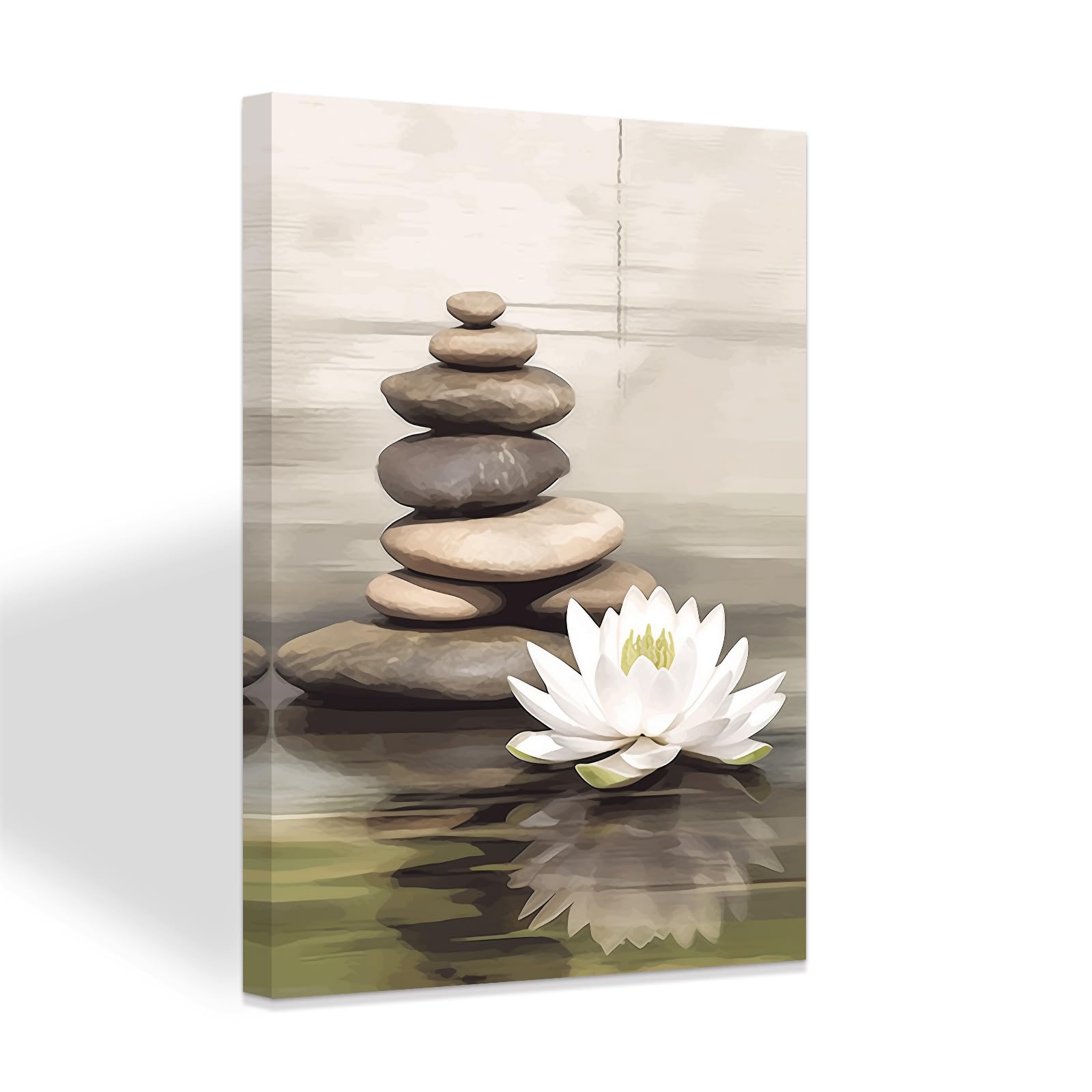 ZXHYWYM Zen Stones Canvas Wall Art White Lotus Flower Picture Relax Calming Spiritual Print Bathroom Bedroom Meditation Yoga Spa Wall Decor Framed (A, (50.00 x 75.00 cms))