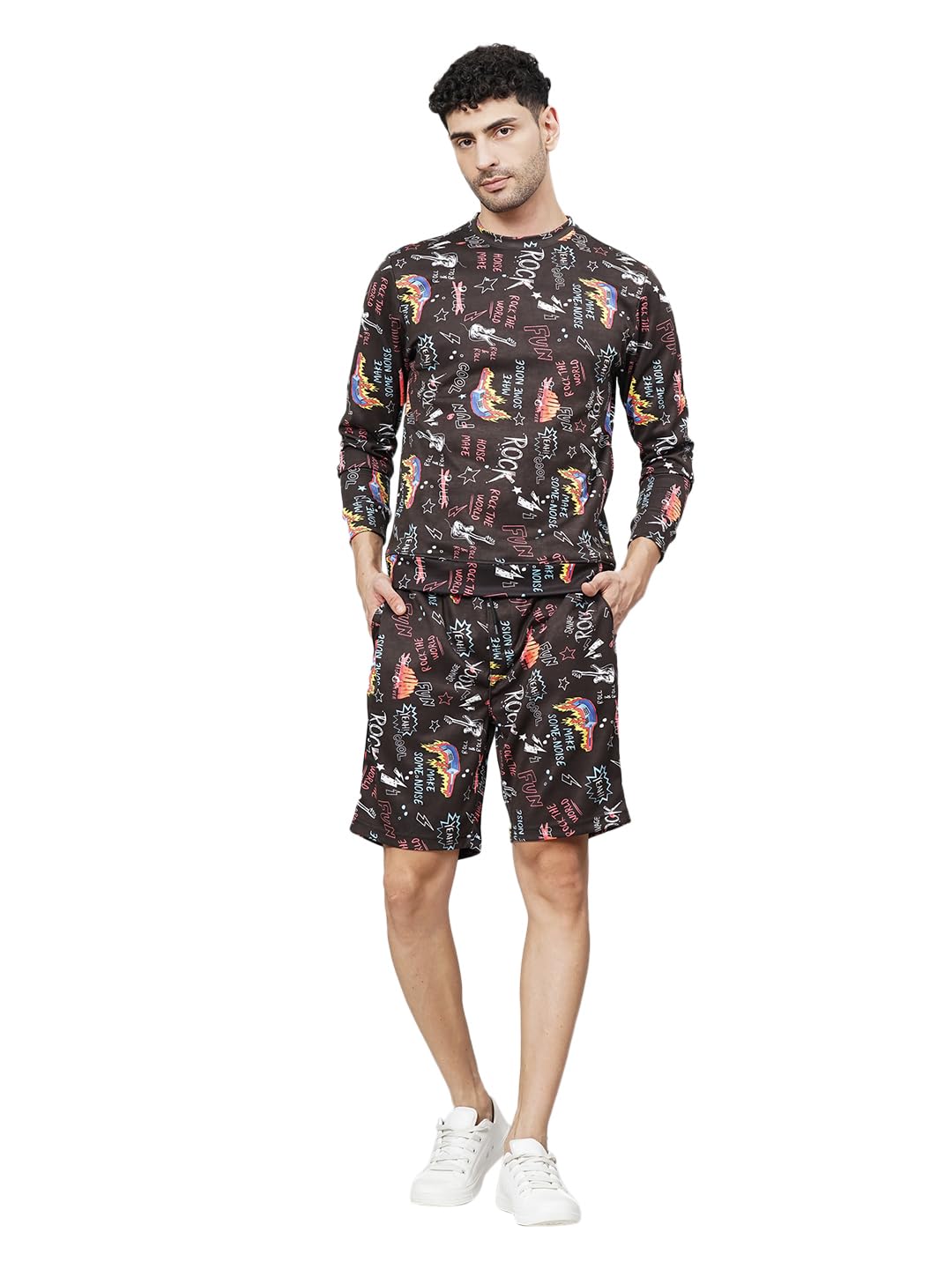 the indian garage co Men Regular Fit Abstract Print Casual Crew Neck Sweatshirt & Shorts Co-ords Set-picture-37