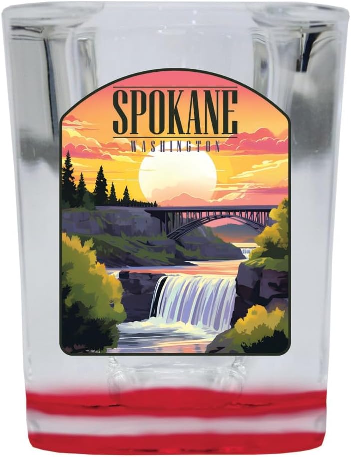 Vaso Tequilero Souvenir Spokane Washington Sunset Waterfall 2 oz Base Roja Pack x4