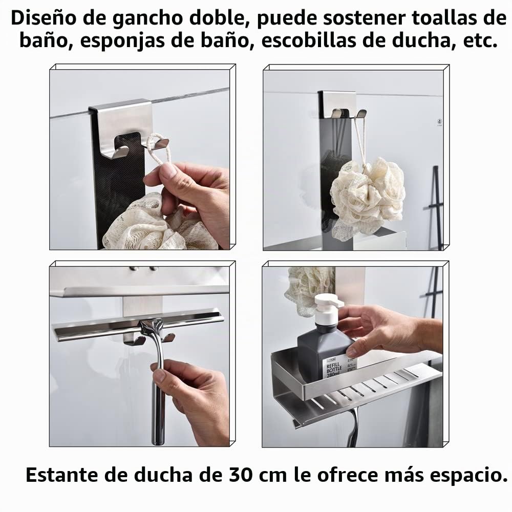 Estantería de ducha para colgar, estante de ducha de 2 estantes para colgar | SUS304 H30BN-2DH - Cesta de ducha doble de acero inoxidable con gancho para mampara de cristal