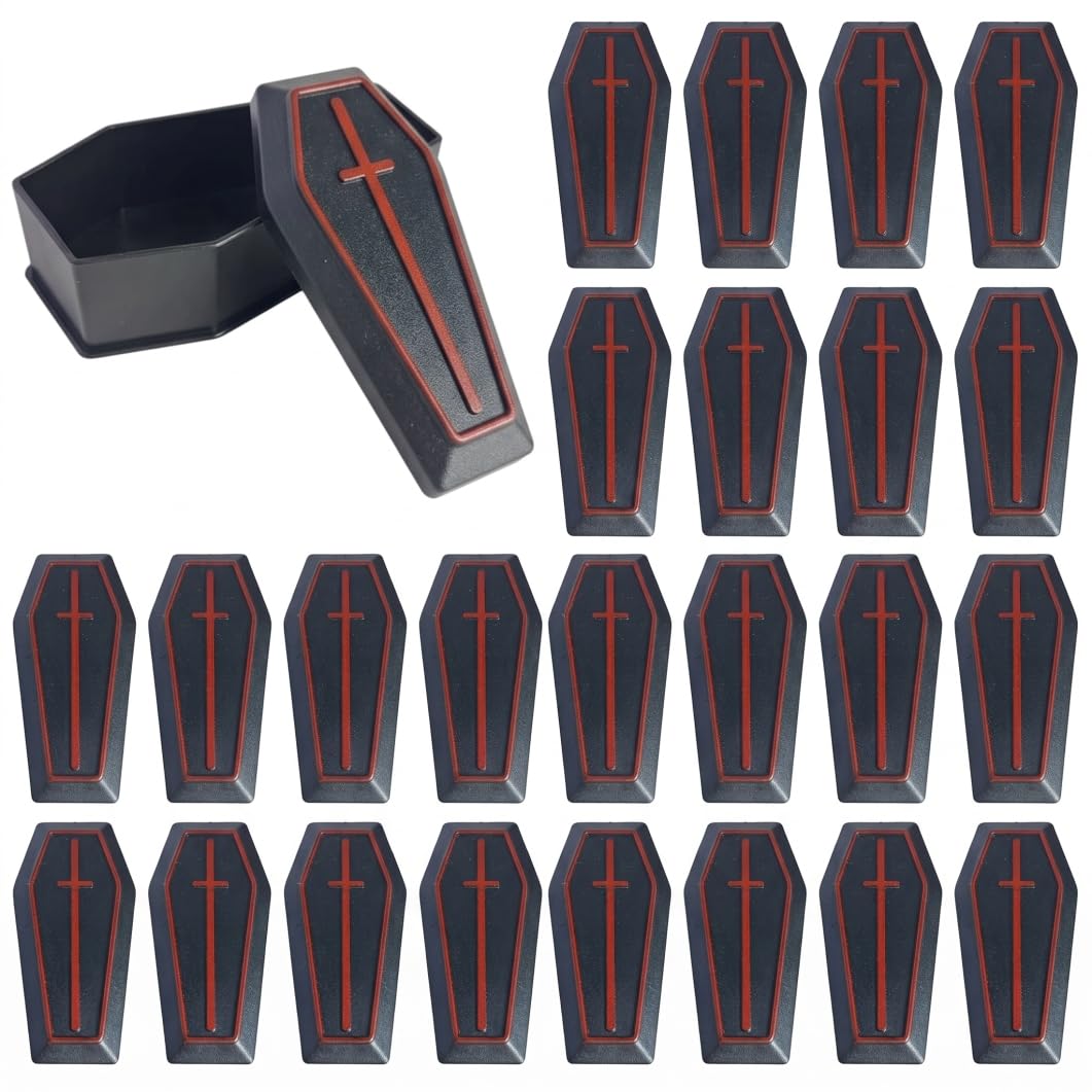 Uanqfegy 24 PCS Plastic Coffin Boxes with Lids, Mini Halloween Casket Decor Treat Holders, Trick or Treat Candy Decoration, Black