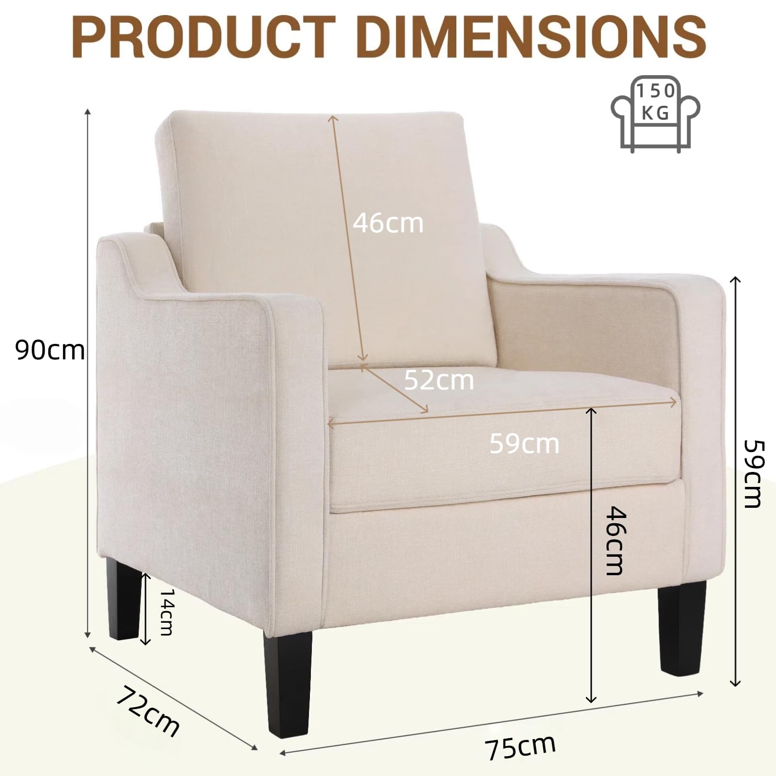 Clevich Poltrona Salotto In Ciniglia Stile Retrò E Schienale Gambe In Legno Poltrona Imbottita Con Braccioli Relax Per Salotto Soggiorno Caffè Camera Da Letto (1pc, Beige)