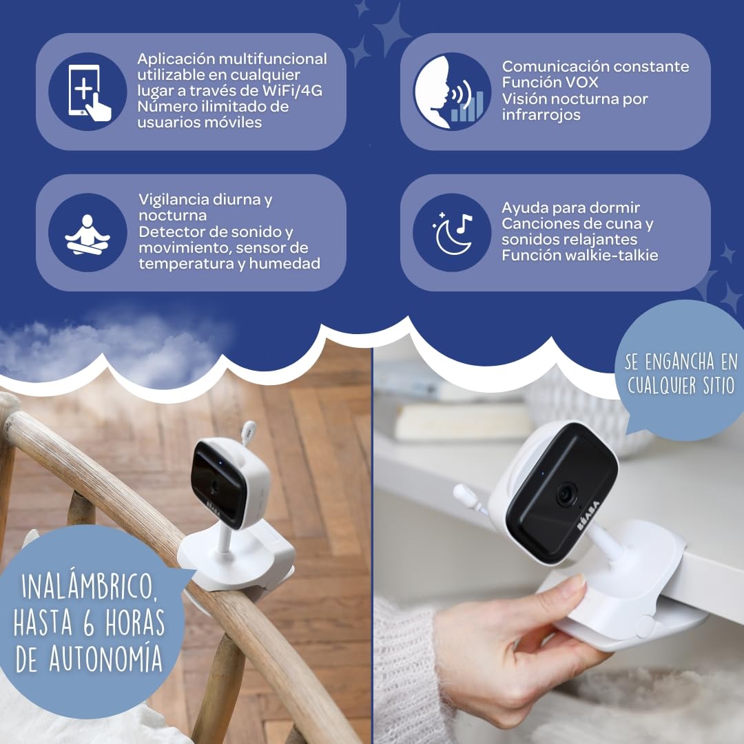 BÉABA, Babyphone Vigilabebés Vídeo con Clip, Nomad, Visión Nocturna, App Móvil, Luz Nocturna Multicolor, Walkie Talkie, Canciones Cuna, Termómetro, Control Humedad, Batería 6h, Zen Nomad Blanco
