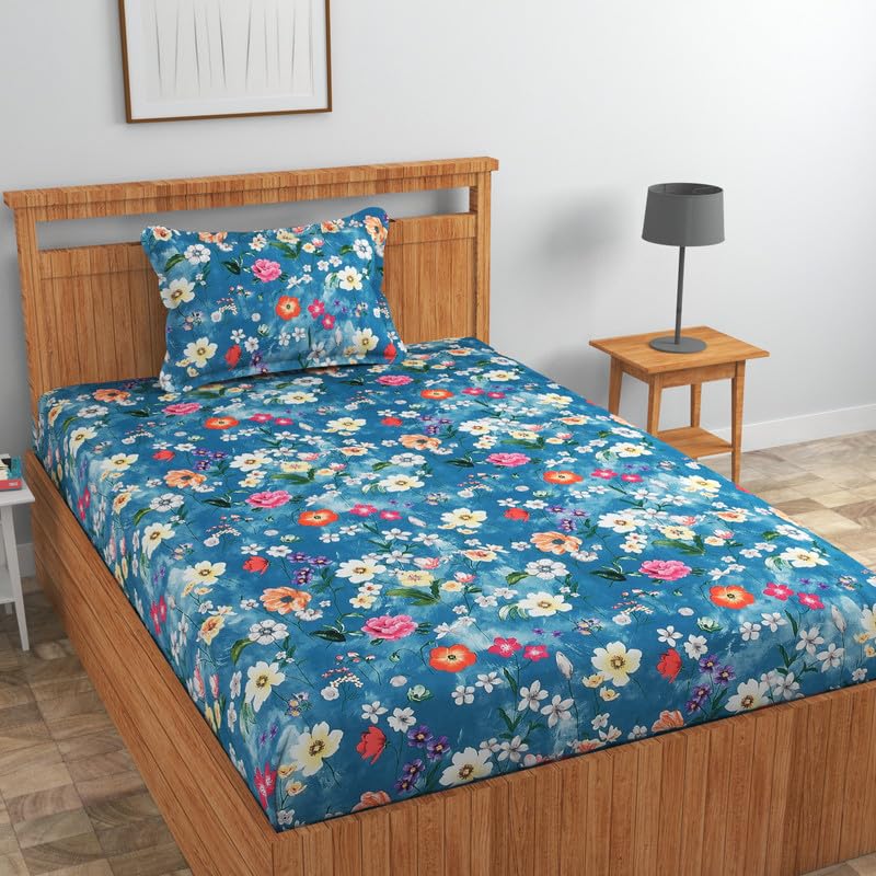 Image of NHD HOME Pure Cotton 180 to 220 tc Flat Single Bedsheets for Summer Breathable | Wrinklefree | Super Soft (Size-60 X 90 Inch) with 1 Pillow Covers (Size-17 X 27 Inches, Floral, Blue White)