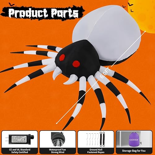 Miniatura 6 de GOOSH Araña inflable de Halloween de 6 pies de altura con luz mágica, decoración de patio inflable con luces LED integradas para vacaciones,