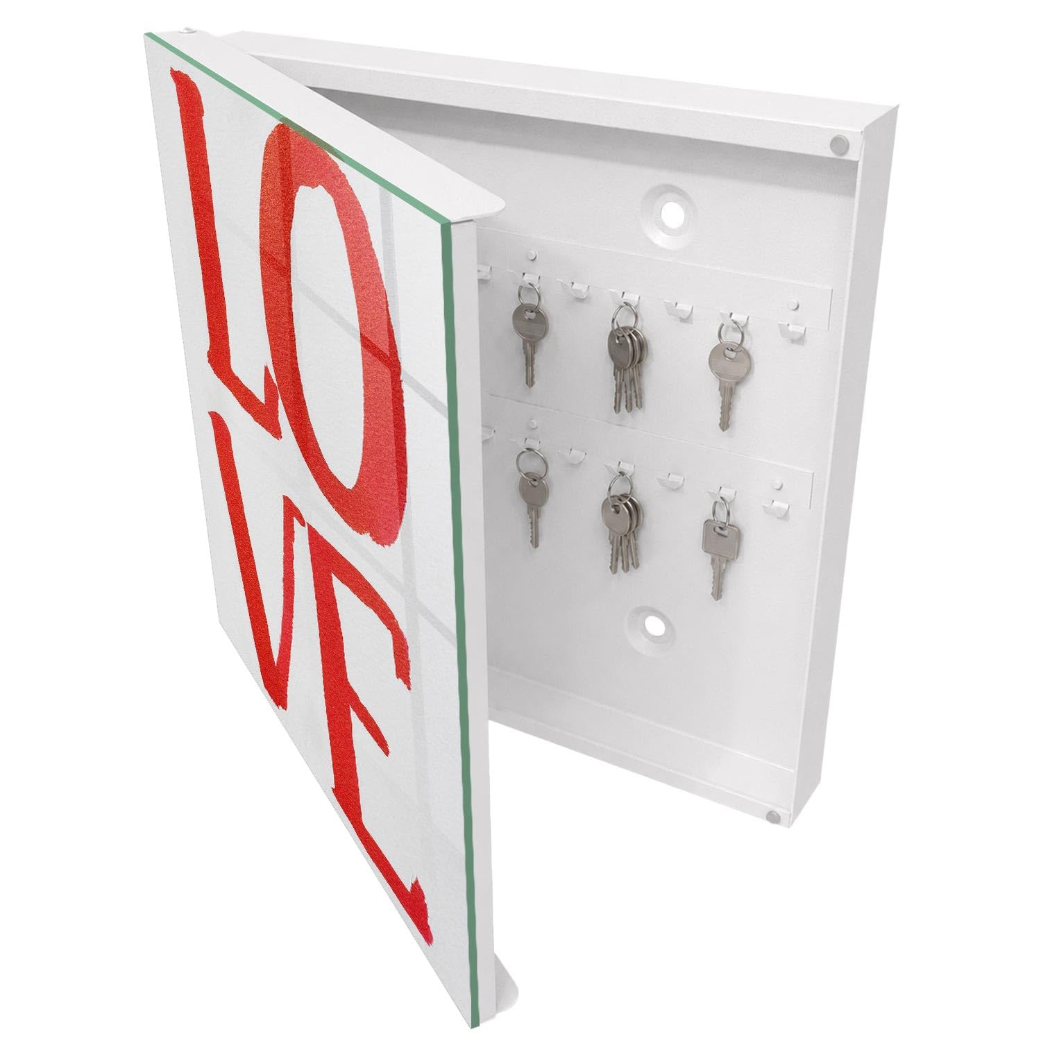 Armadietto Portachiavi 30x30 cm | Bianco | A Sinistra | Montaggio a Parete | Amore Rosso | Frontale Decorativo in Vetro Temperato | per Uffici | Tasselli e Viti Inclusi | in Metallo