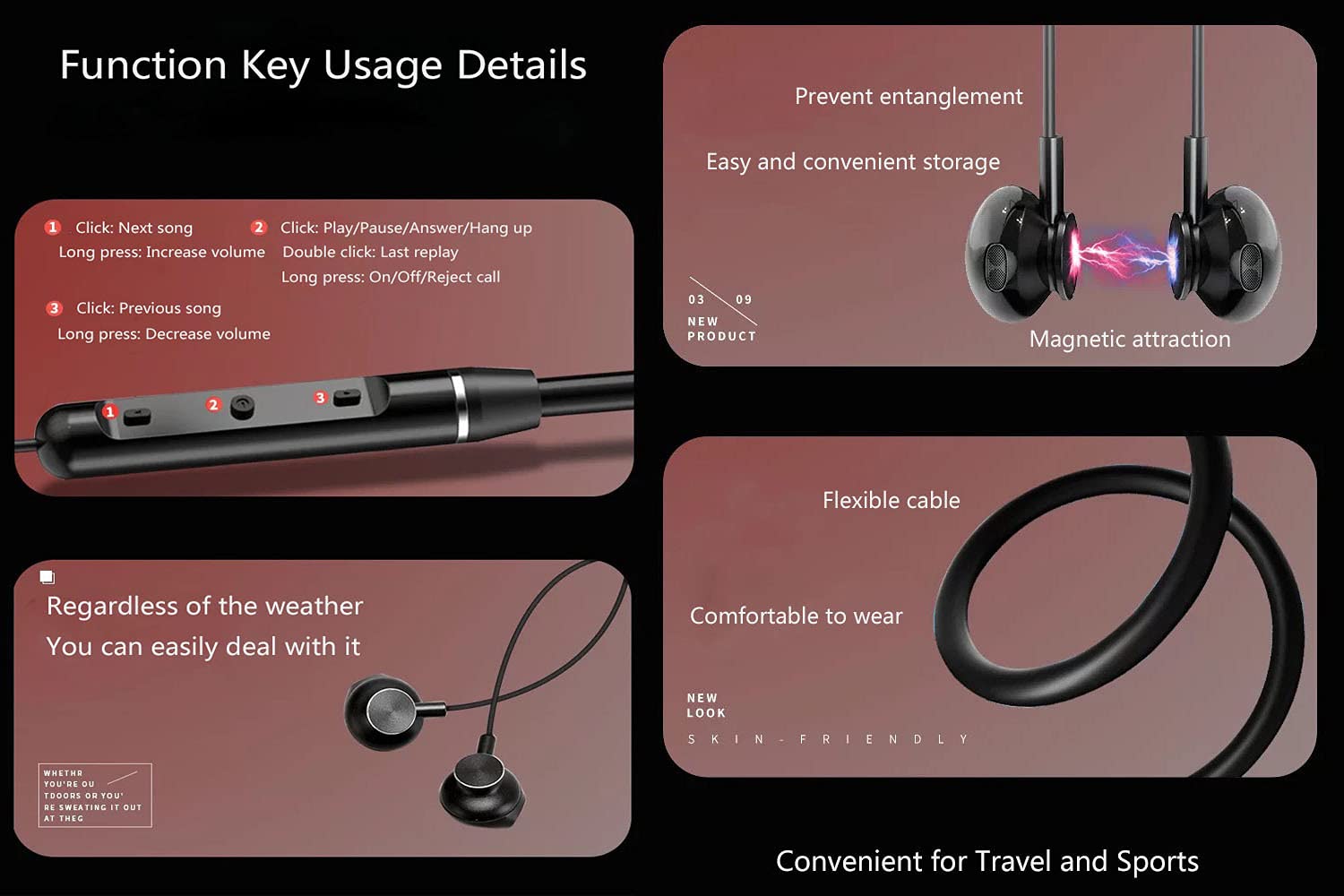 Ruihua 2 szt. opaska na szyję Bluetooth słuchawki Hifi Stereo Bluetooth 5.0 wodoodporne słuchawki z redukcją szumów IPX5 z 12 godzinami czasu odtwarzania, prezent zestaw słuchawkowy bluetooth