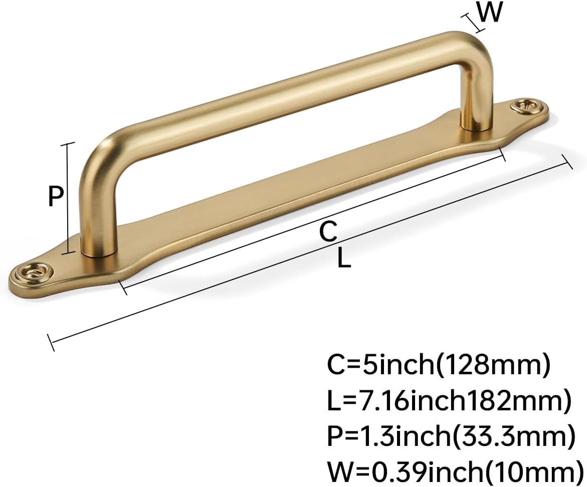khtumeware 5 Pack 5 Inch Hole Center Brushed Brass Cabinet Pull with Backplate Solid Heavy Duty Handles with Backplate Cabinet Pulls for Drawer Kitchen Improvement Hardware