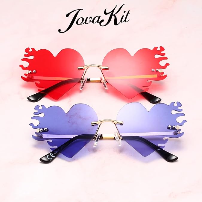 JOVAKIT Fire Heart Shaped Sunglasses for Women Men Vintage Rimless Flame Love Sun Glasses Retro Rave Party Halloween Glasses