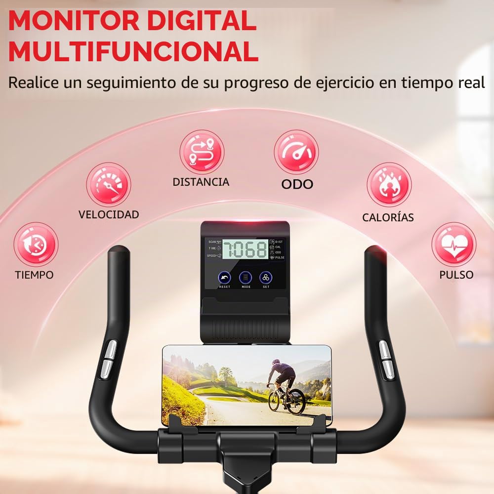 Bicicleta estática estacionaria, equipo de gimnasio en casa, asiento y manillar ajustables, monitor LCD y soporte para tableta, 0-100% de resistencia, entrenamiento cardiovascular en