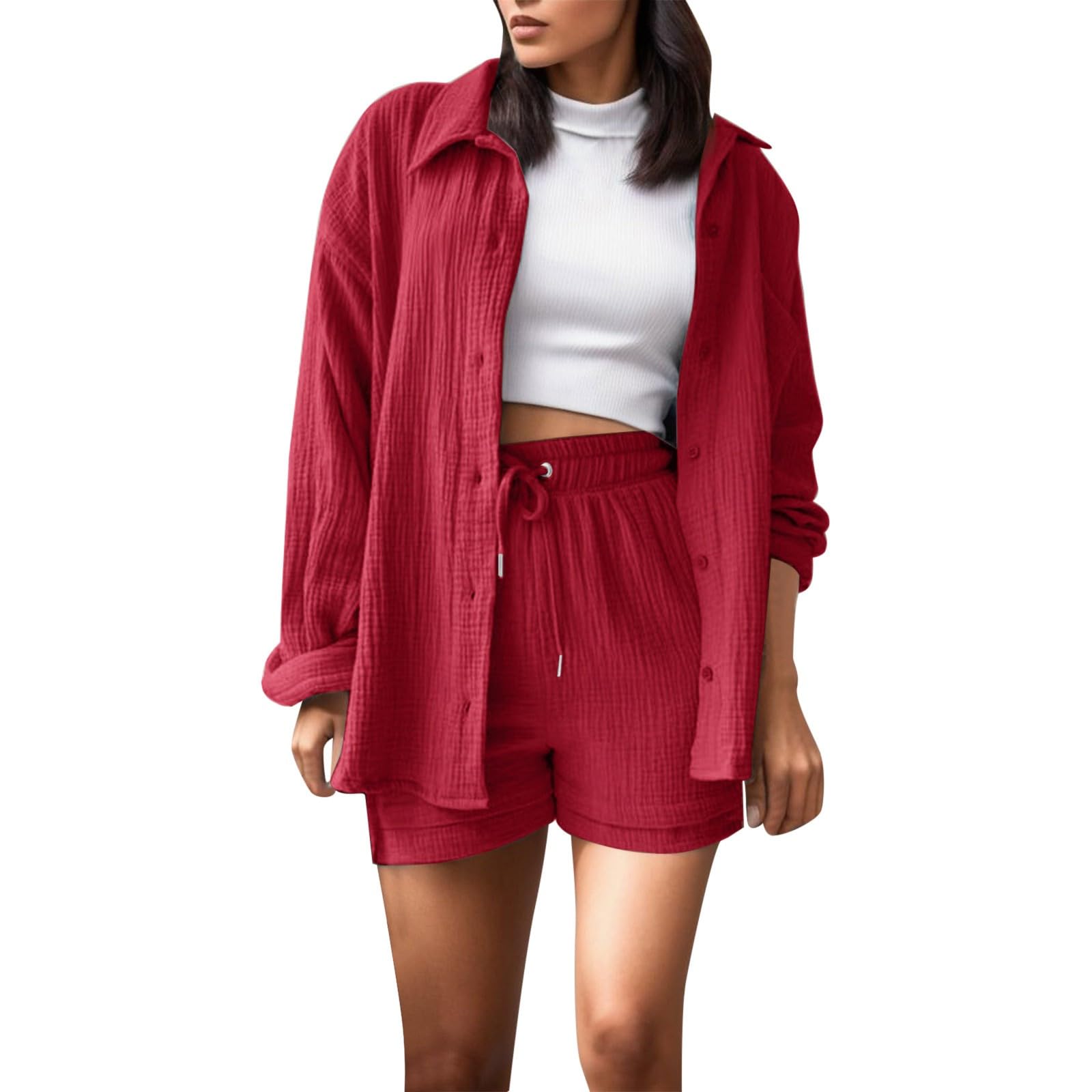Generisch Conjunto de pantalones cortos de manga larga para mujer, conjunto de dos piezas