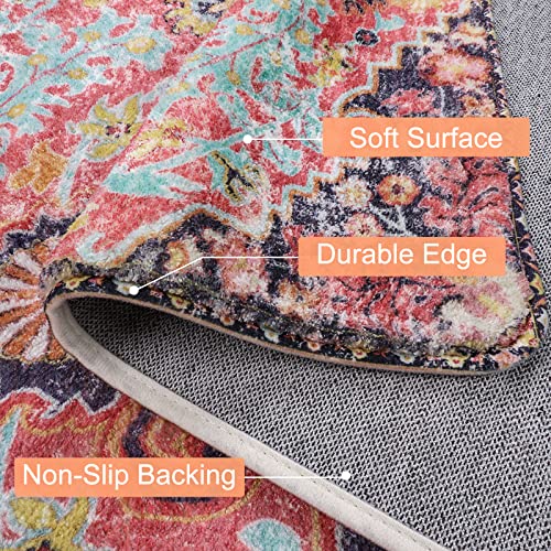 Lahome Bohemian Floral Medallion Runner Rug - 2X6 Hot Pink Hallway Runner Laundry Mat, Machine Washable Non-Slip Soft Indoor Carpet For Bathroom Bedside Basement Camper Home Decor, Fuchsia/Multi #TOP1