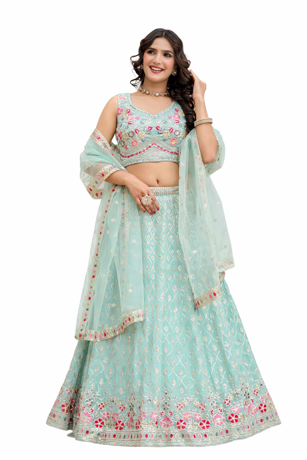 Trendmalls Women's Gold Yelllow Net Embroidery Sequence Work Lehenga Choli Set with Dupatta For Women (L144)