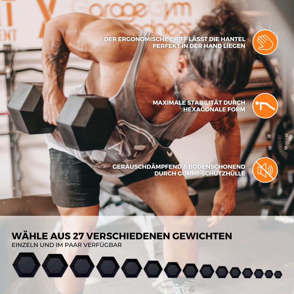 SUPRFIT - Hexagon Kurzhantel einzeln mit gummiertem Eisenkern - Fitness Gewichte Hanteln 1-50 kg mit rutschfestem Chromgriff - Premium Kurzhantel für Calisthenics, Krafttraining & Crossfit Übungen