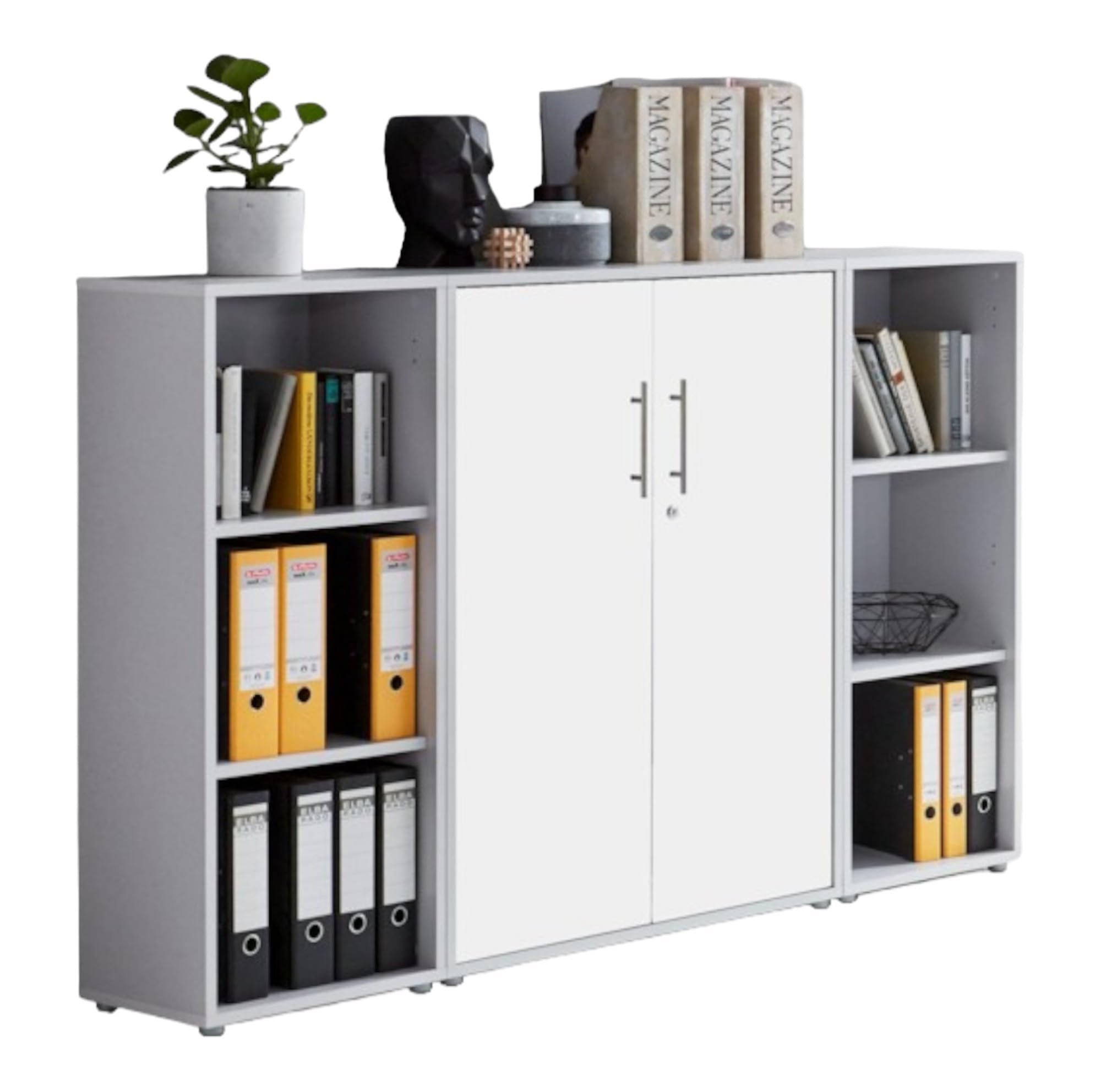 Homeoffice Büromöbel Komplettset Office Edition Set 2 in Grau/Weiß Matt Winkelschreibtisch Rollcontainer Schrankwand Made in Germany