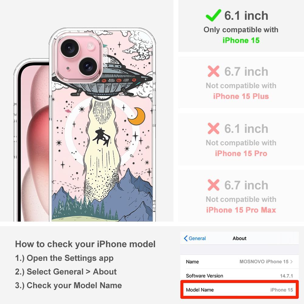 MOSNOVO Case for iPhone 15, [Compatible with Magsafe] [Buffertech 6.6ft Military-Grade Drop Protection] [Anti Peel Off Tech] Clear Phone Case Design - UFO - Image 2