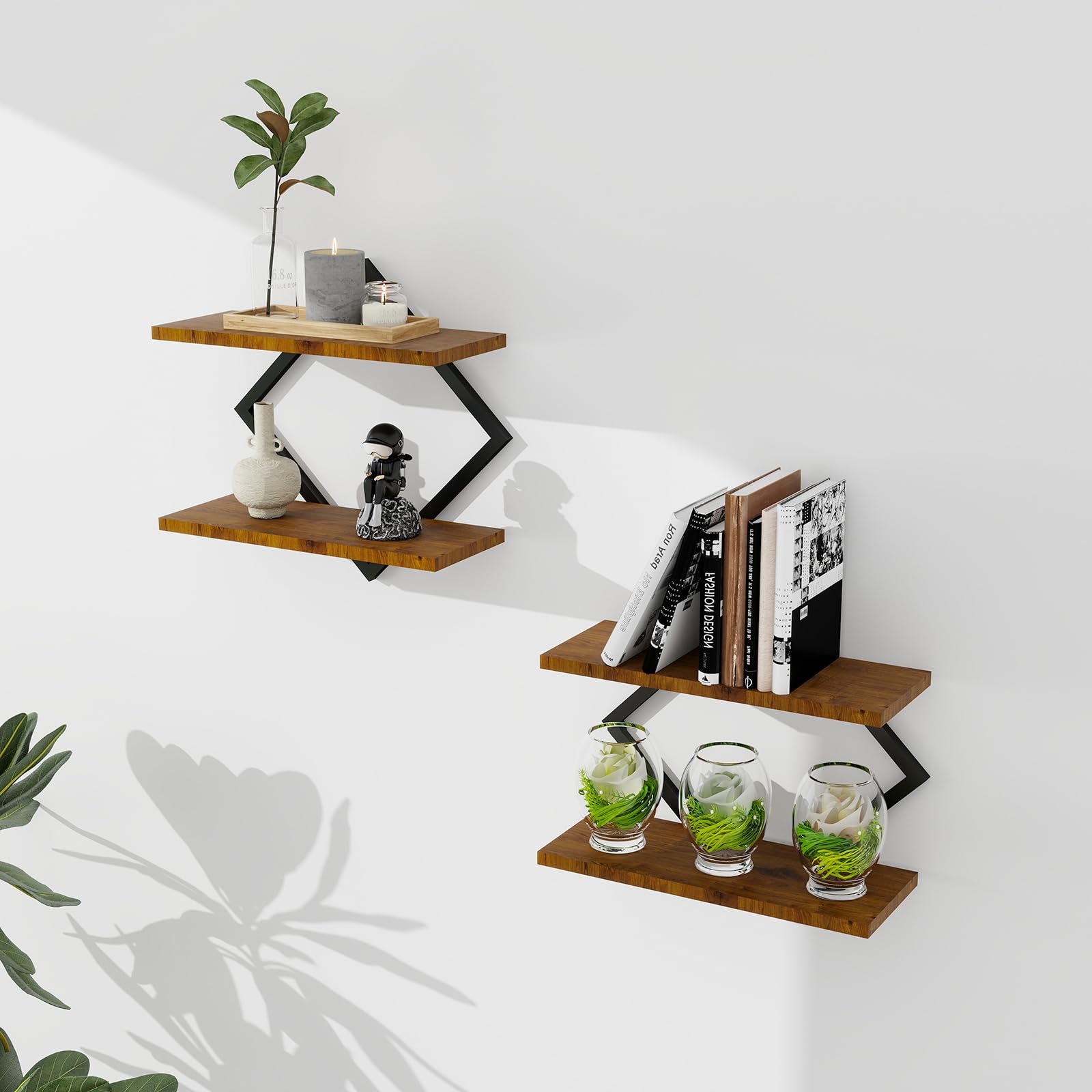 Estante Flotante 2 Niveles Madera y Metal, Resistente al Óxido y Moho, Estante Decorativo para Salón Cocina Baño Dormitorio, Ideal para Amas de Casa Inquilinos Amantes Almacenaje