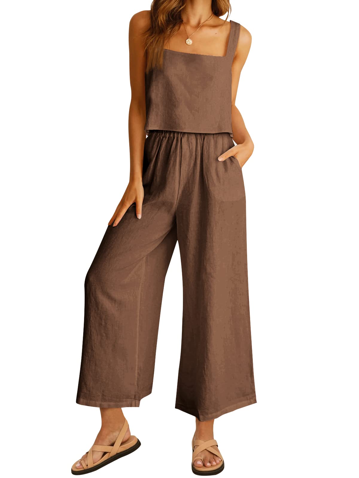 AUTOMETWomen 2 Piece Outfits Lounge Matching Sets Linen Crop Top Wide Leg Pants Tracksuits with Pockets 2023 Fashion Clothes, Brown, M