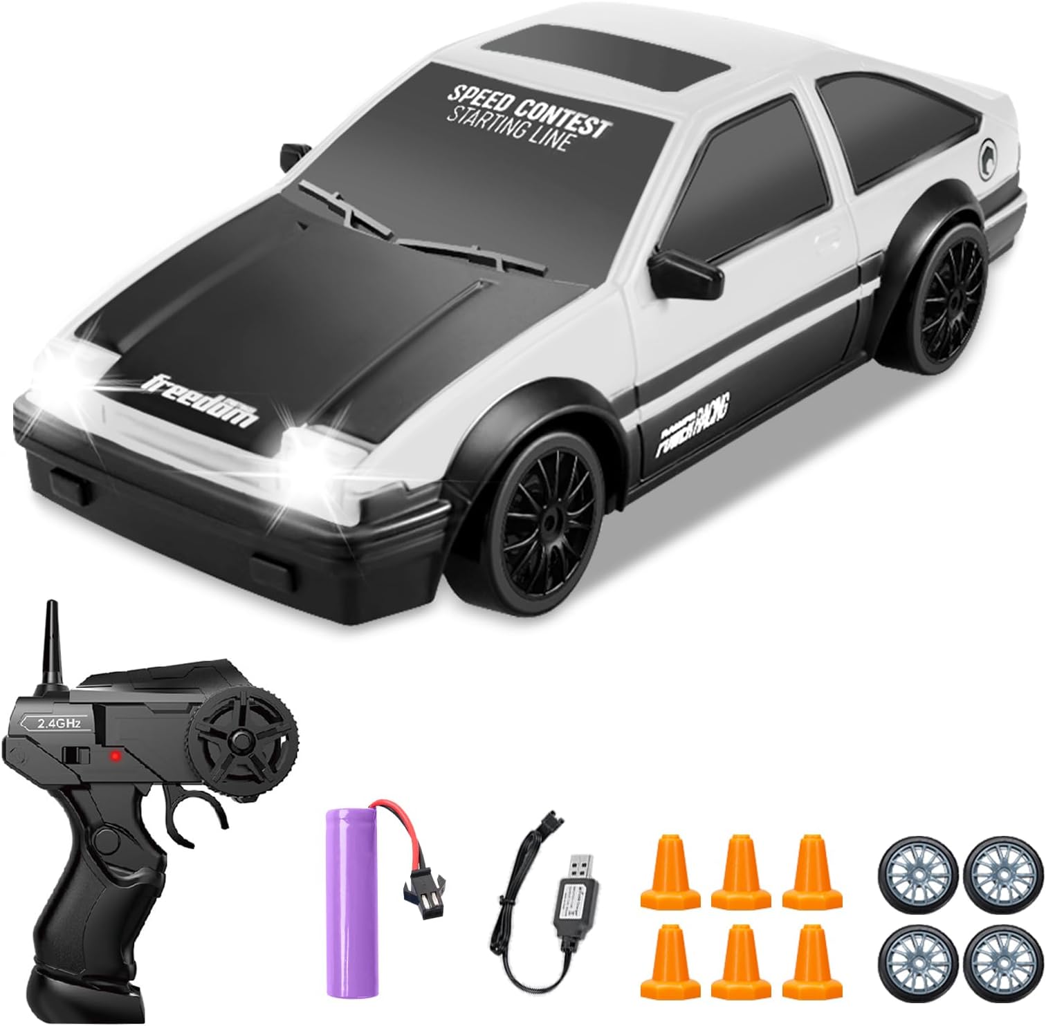 YUAN PLAN Remote Control Car RC Drift Car 1/24 RC Car 2.4GHz 4WD RC Drift Racing Car High Speed RC Car Cool Light Rechargeable Battery with Spare Tires Toys for Kids (White)