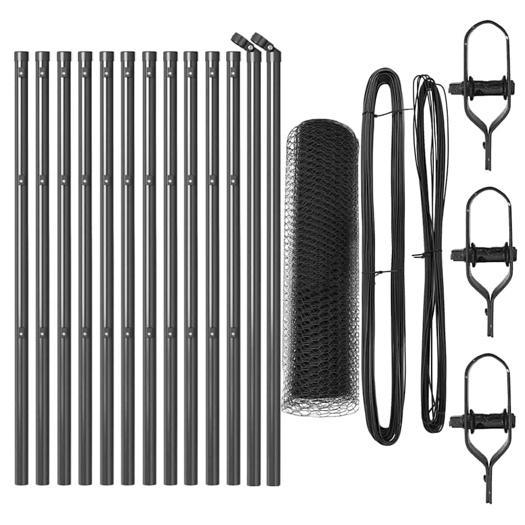 Grey Steel PVC Fence Post 25 x 0.8m with 25mm Mesh, Weather Resistant Garden Fencing Post Set for Security Enclosure, 13 Posts Included 250cm Long Corrosion Resistant Outdoor Barrier