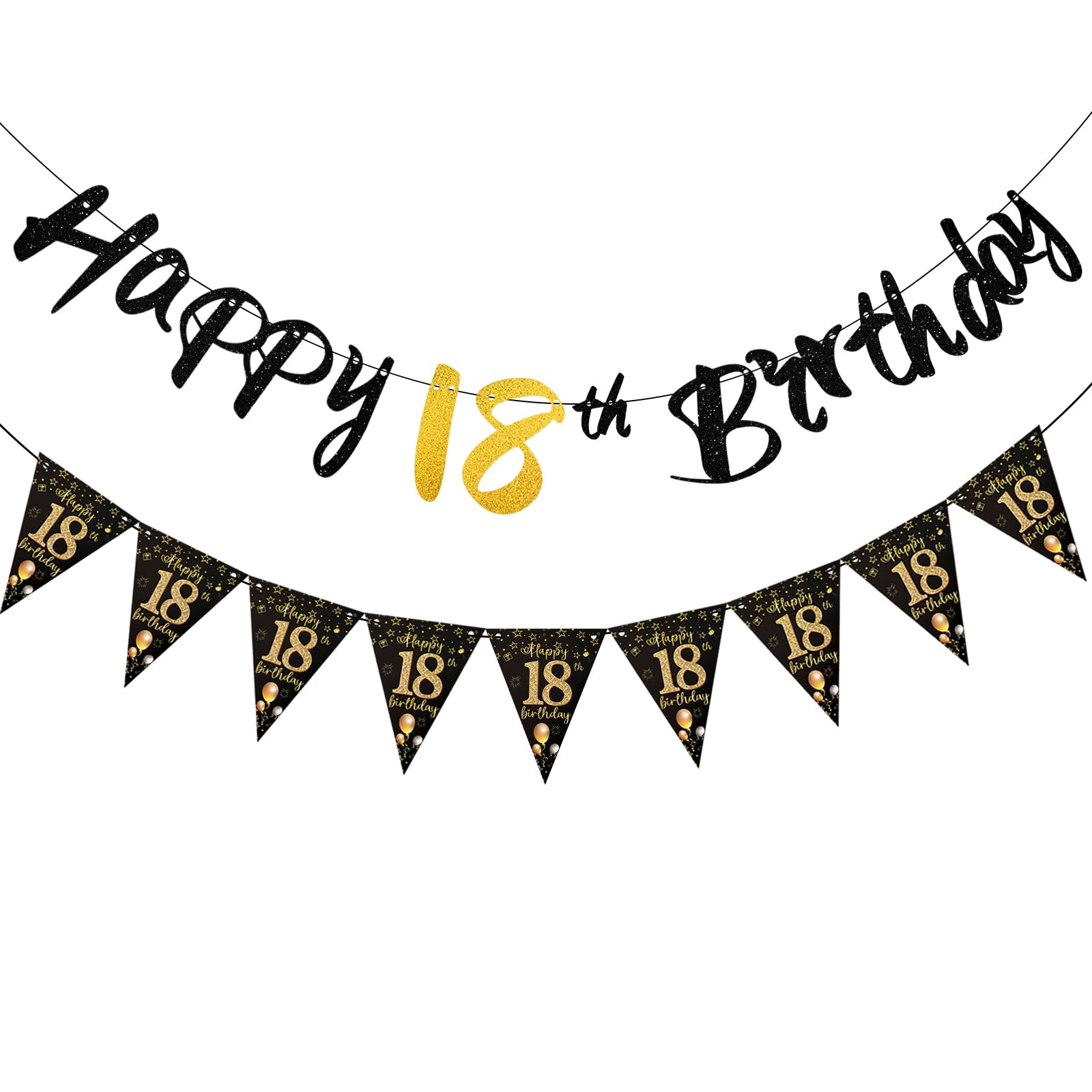 18th Birthday Decoration Banners, Glitter Black Gold Happy 18th Birthday Party Decorations for Girls Boys, Triangle Flag Bunting Backdrop Parties Decs for Men Women Birthdays Milestone Celebrations