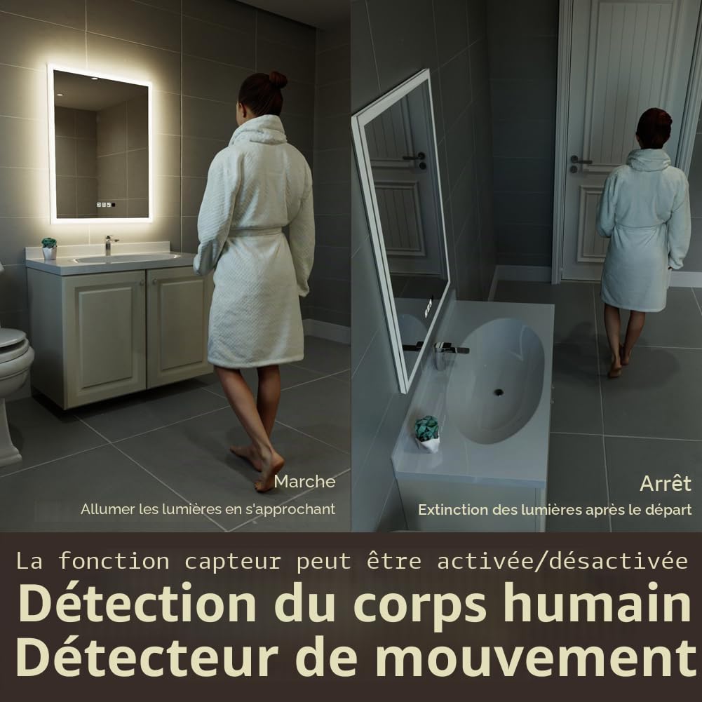 GANPE Miroir de Salle de Bain à LED avec détecteur de Mouvement et Bluetooth, éclairage à intensité Variable, Montage Mural, Anti-buée IP44, étanche à la Verticale et Horizontale (70_x_90_cm)