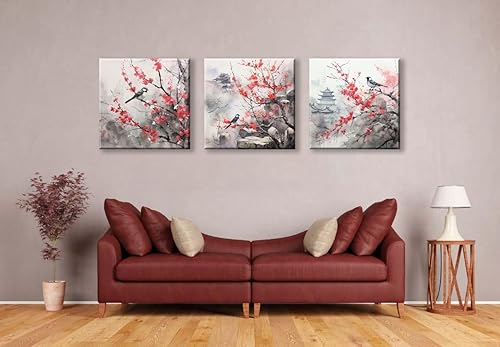 Miniatura 6 de Acuarela de estilo asiático tradicional chino arte de pared pájaro en flor de cerezo rojo, decoración de paisaje floral oriental, pintura de flores,
