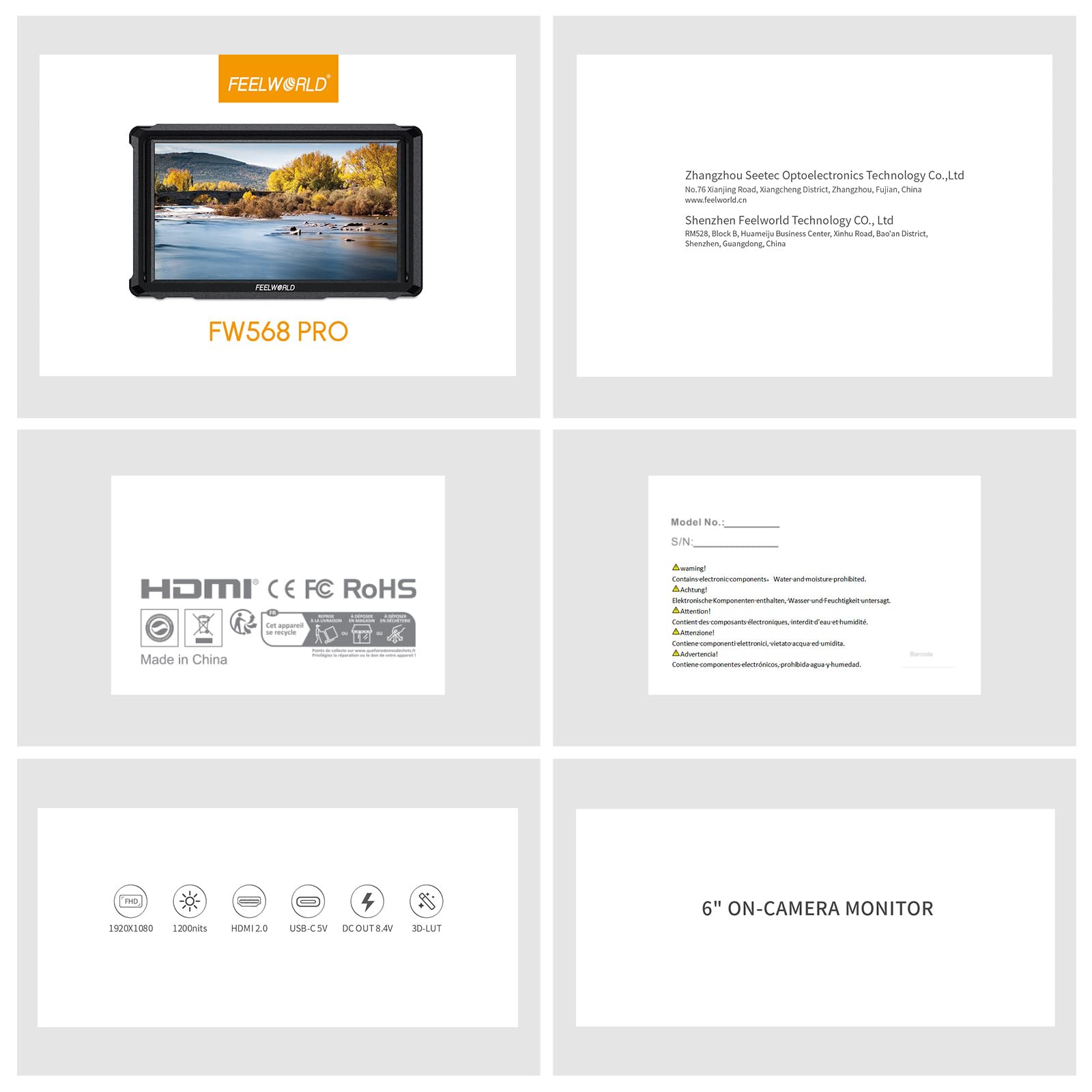 FEELWORLD FW568PRO 6 Pollici Monitor da Campo,1200nit DSLR Monitor Fotocamera con batteria F750 e borsa per il trasporto 4K HDMI, 3D Lut Focus Peaking Assist Full Waveform Video Field Monitor