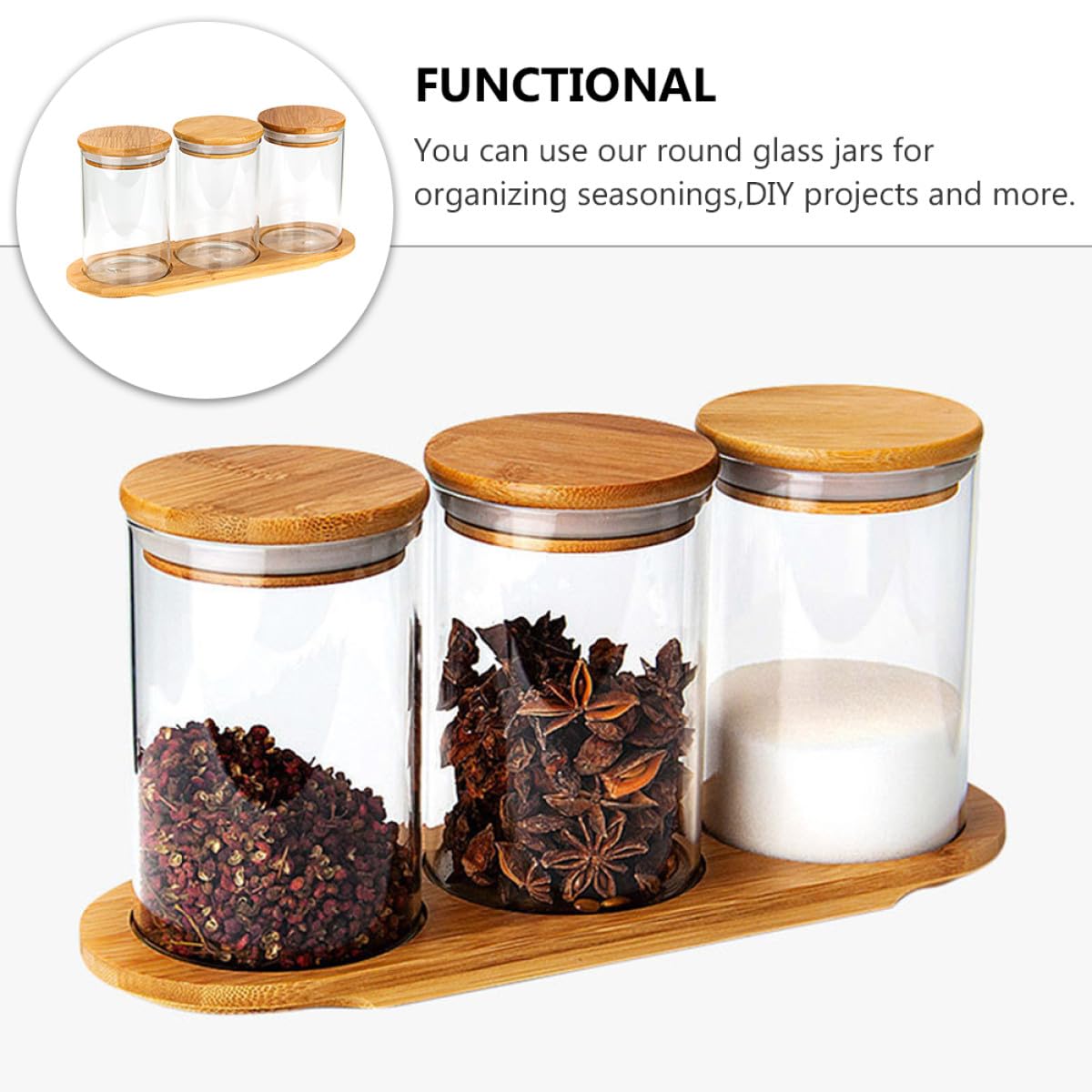 TOYANDONA Set 3 Barattoli Porta Spezie in Vetro Coperchio e Base in Bambù Contenitori Sigillati per Conservazione Alimentare Multiuso per Cucina e Dispensa Design Trasparente e Stabile
