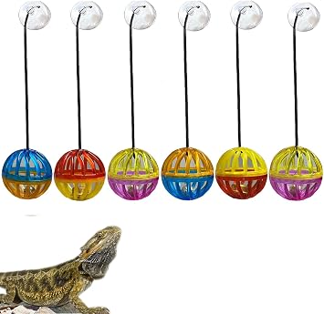 Bearded Dragon Toy Bell Balls, Reptile Lizard Toy Ball with Suction Cup and Rope for Bearded Dragon, Lizard, Gecko, Small Pet Animals 6PC