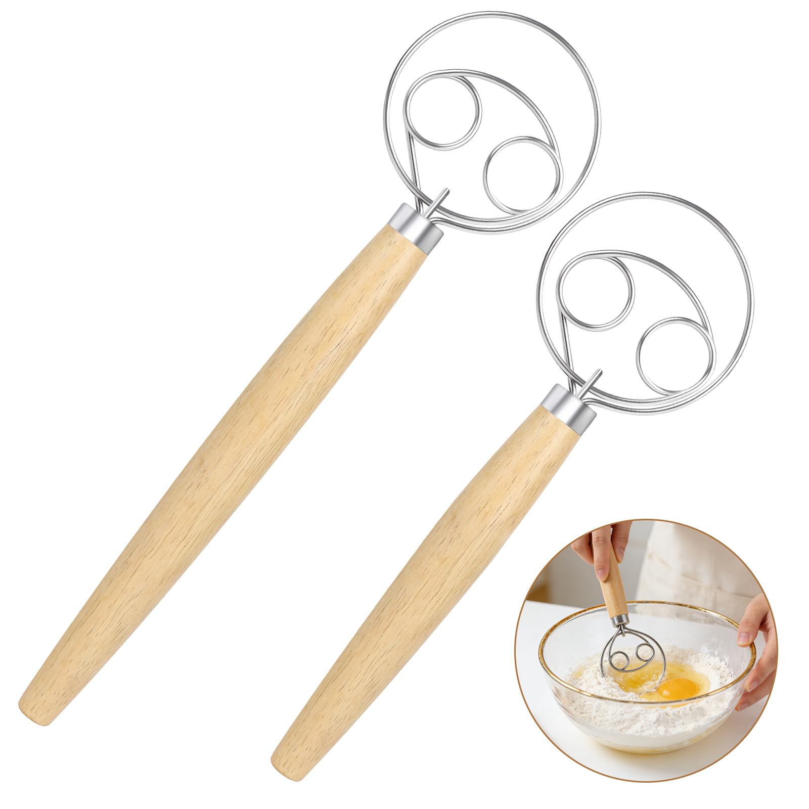 OSDUE Danish Dough Whisk, 2 Pack Double Eyes Stainless Steel Bread Dough Whisk with Wooden Handle, Bread Making Mixer Tools for Pastry, Baking Cake, Sourdough, Pizza