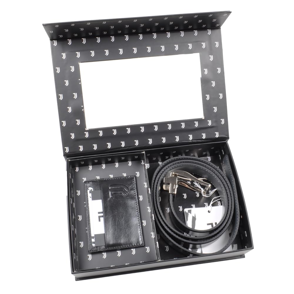 JUVENTUS Set de regalo con cinturón de piel y tarjetero de crédito, elegante caja de regalo oficial, negro, accesorios para hombre