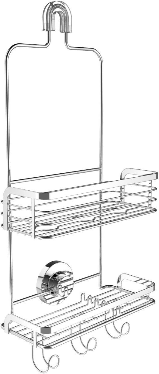 Vidan Home Solutions Modern Hanging Shower Caddy | Stainless Steel Rustproof | 2 Tiers of Shelves - 3 Hooks | Includes Superior Suction Cup