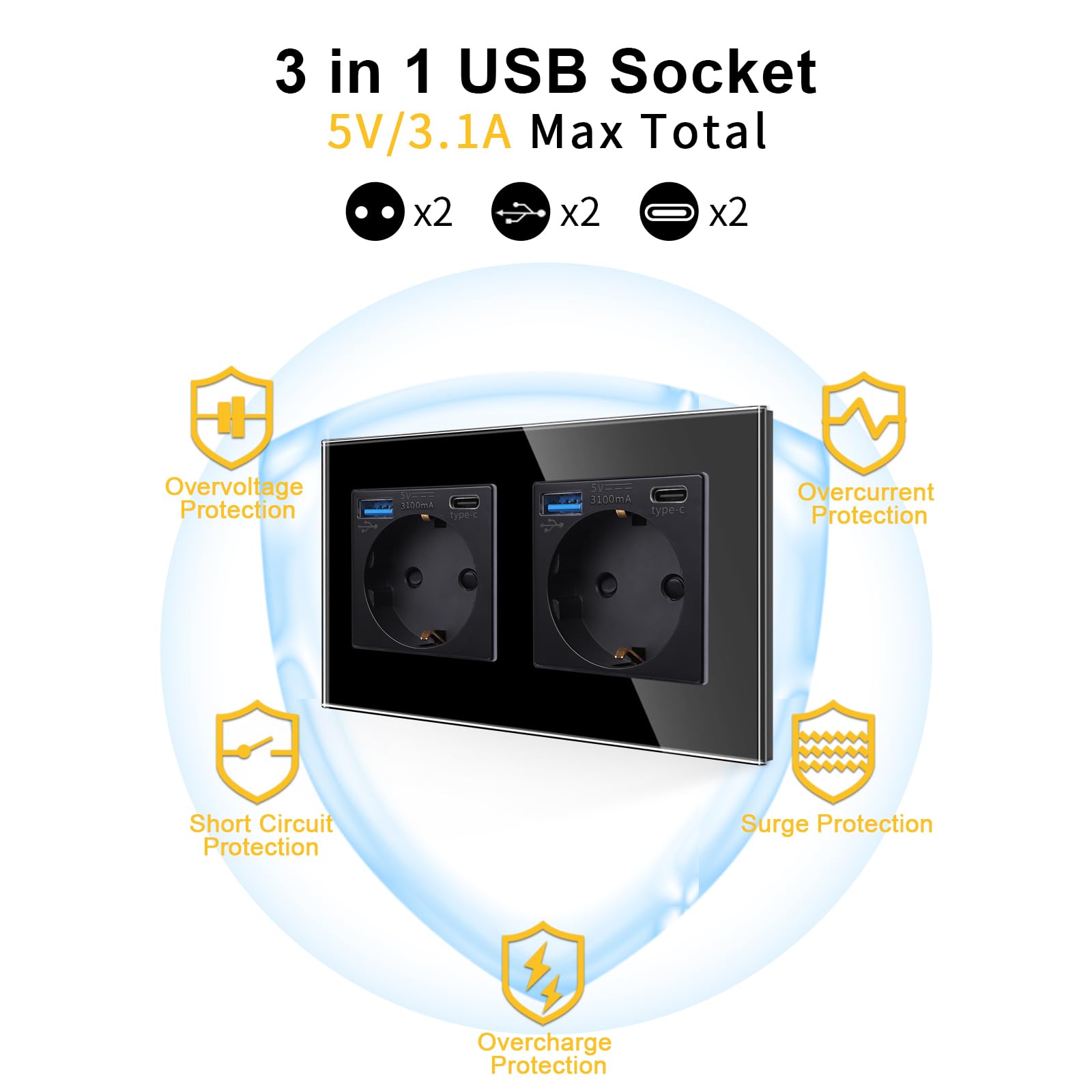 JIMEIDA Lot de 2 prises doubles avec USB en noir, prises Schuko en verre 16 A avec charge rapide, port USB et port de type C max. 3,1 A, 157 x 86 mm, 250 V, 2 prises