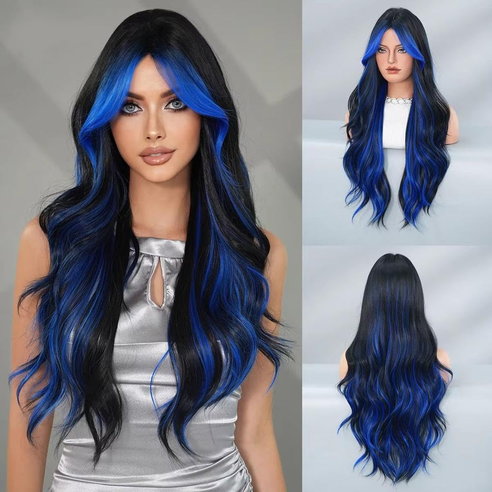 Haarpflege Lange Gewellte Schwarze Blaue Perücke Für Frauen Mit Hoher Dichte Bescheidenem Teil Und Vorhang Pony